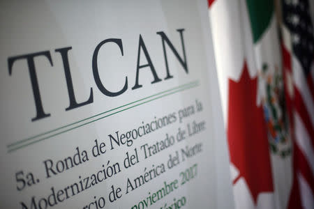 A NAFTA banner is seen during the fifth round of NAFTA talks involving the United States, Mexico and Canada in Mexico City, Mexico, November 18, 2017. REUTERS/Edgard Garrido