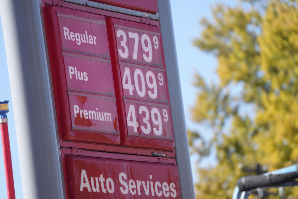 The prices for grades of gasoline are shown on a sign outside a Conoco station Friday, Nov. 5, 2021, in Denver. (AP Photo/David Zalubowski)