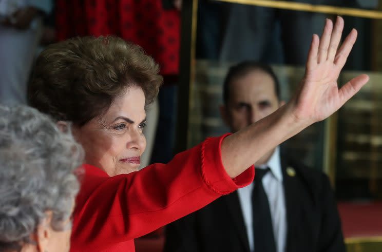 <p>Dilma Rousseff, Brazil’s first female president, is seen here in Brasilia on Aug. 31, 2016, after being impeached by her country’s Senate for allegedly manipulating the budget. Photo from Mario Tama/Getty Images</p>