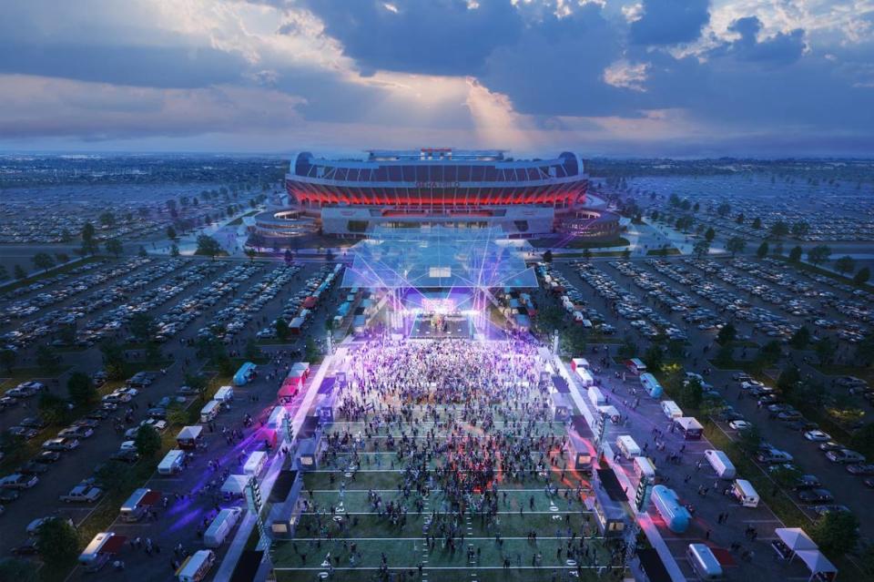 A designer’s rendering shows a view of the central activation zone at GEHA Field at Arrowhead Stadium at the Truman Sports Complex. The turf-covered area for tailgating and other community events would be built over the current site of Kauffman Stadium, according to the Kansas City Chiefs.