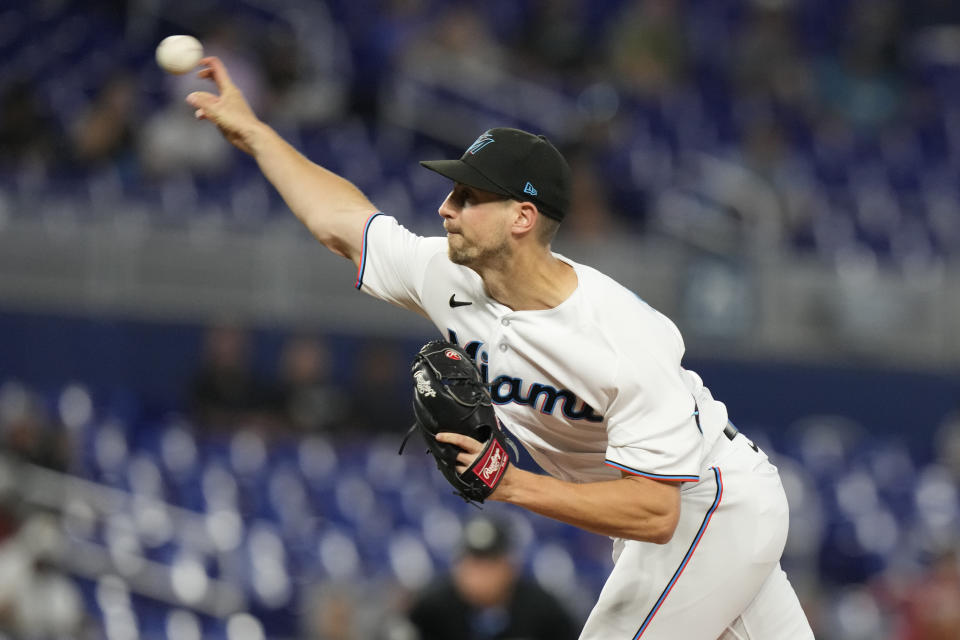 Miami Marlins starting pitcher Bryan Hoeing throws during the first inning of the team's baseball game against the St. Louis Cardinals, Wednesday, July 5, 2023, in Miami. (AP Photo/Lynne Sladky)