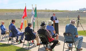 CNL President and CEO, Joe McBrearty announces the completion of the Port Granby Project.  CNL was joined by Mayor of Clarington, Adrian Foster; MP (Whitby), Ryan Turnbull; AECL President and CEO, Fred Dermarkar; Anishinabek Nation Regional Deputy Grand Council Chief, James Marsden; Clarington resident Frances Brooks; and Alderville First Nation Chief, Dave Mowat, to mark the occasion.