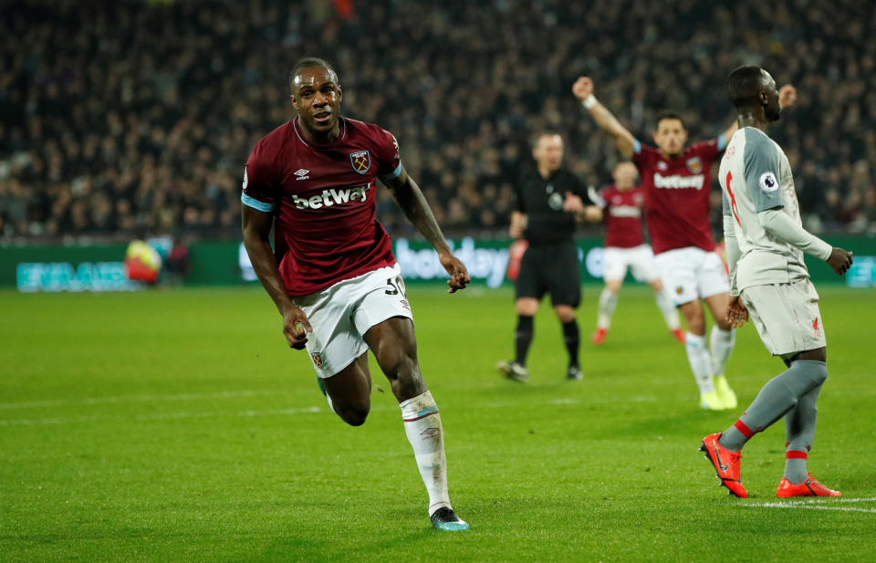 Michail Antonio’s first-half equalizer gave West Ham a share of the points against Premier League frontrunner Liverpool. (Reuters/John Sibley)