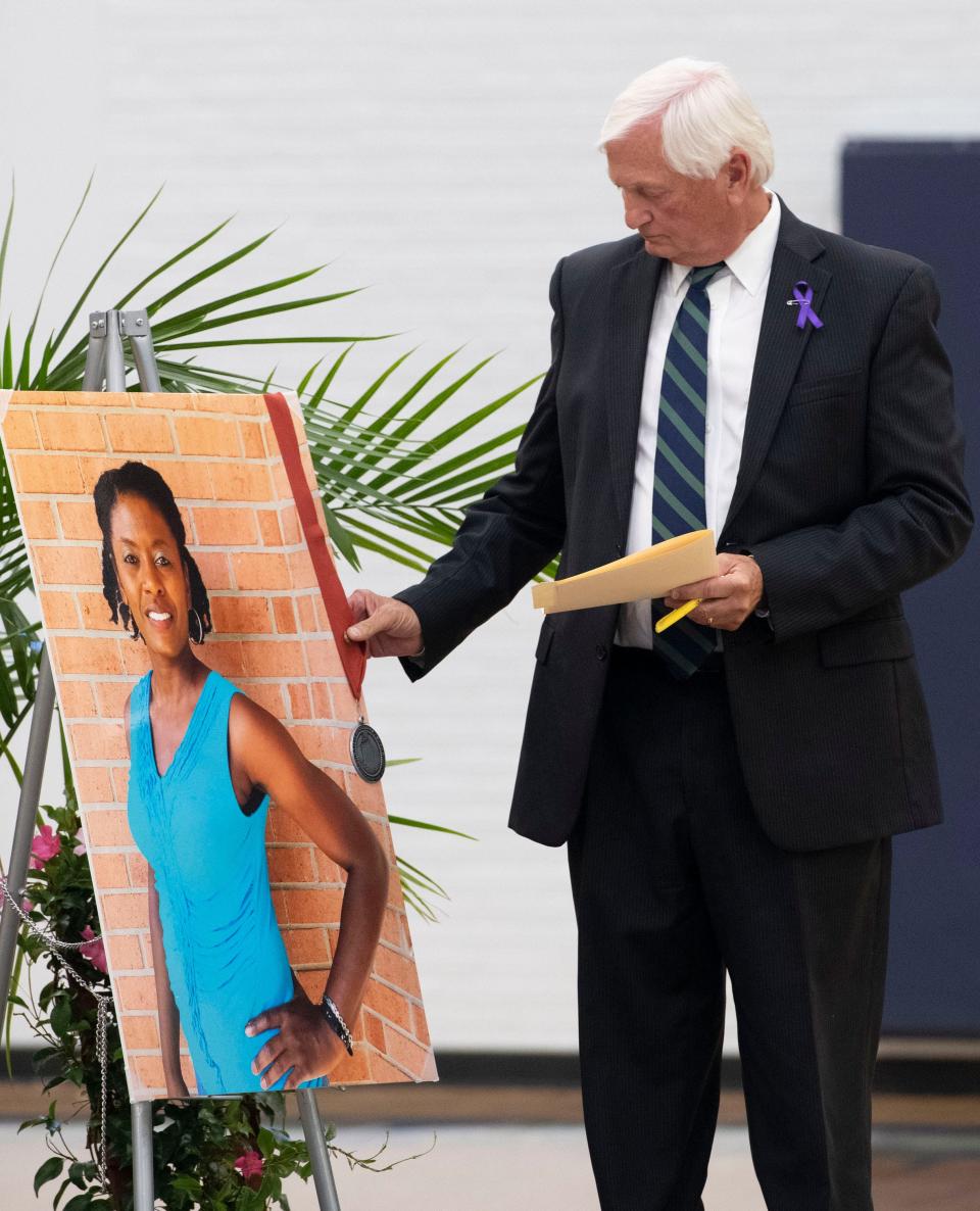 Pensacola State College President Edward Meadows takes a moment to reflect on the life of Carla Williams during a memorial to the slain PSC educator on Wednesday, June 8, 2022.