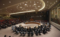 The U.N. Security Council meets in emergency session on Ukraine after Russia called for a public meeting on the growing crisis there, at UN headquarters Friday, May 2, 2014. (AP Photo/Richard Drew)