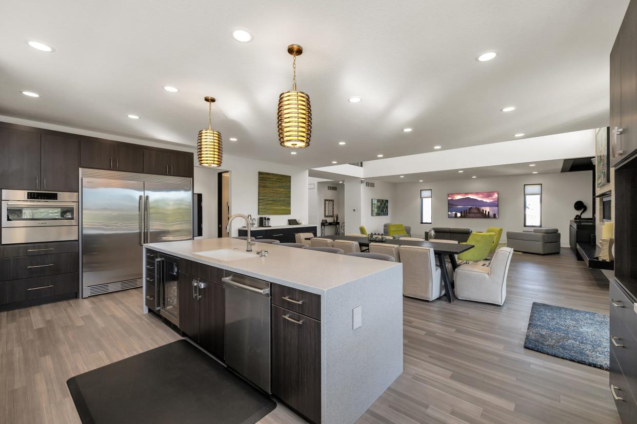 The living room flows into the kitchen.