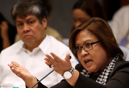 Senator Leila de Lima speaks at a Senate hearing regarding people killed during a crackdown on illegal drugs in Pasay, Metro Manila, Philippines August 23, 2016. REUTERS/Erik De Castro