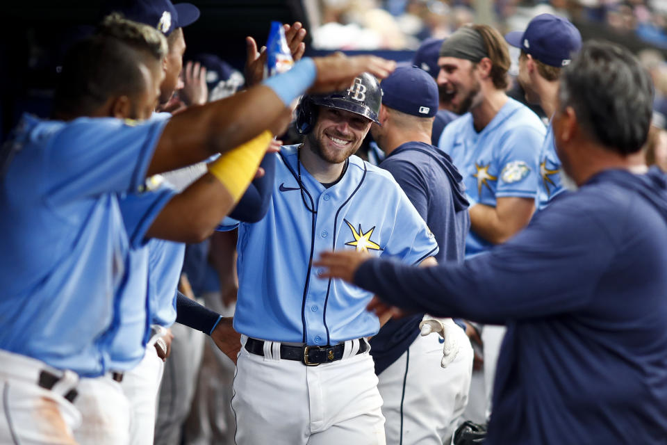 Brandon Lowe's winning spring bullet led the Rays to a 10-game winning streak.  (Photo by Kevin Sabitus/Getty Images)