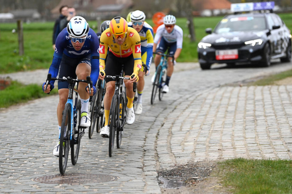 WAREGEM BELGIUM  MARCH 29 LR Oier Lazkano Lopez of Spain and Movistar Team and Alexander Kristoff of Norway and UnoX Pro Cycling Team compete in the breakaway during the 77th Dwars Door Vlaanderen 2023  Mens Elite a 1837km one day race from Roeselare to Waregem  DDV23  on March 29 2023 in Waregem Belgium Photo by Tim de WaeleGetty Images
