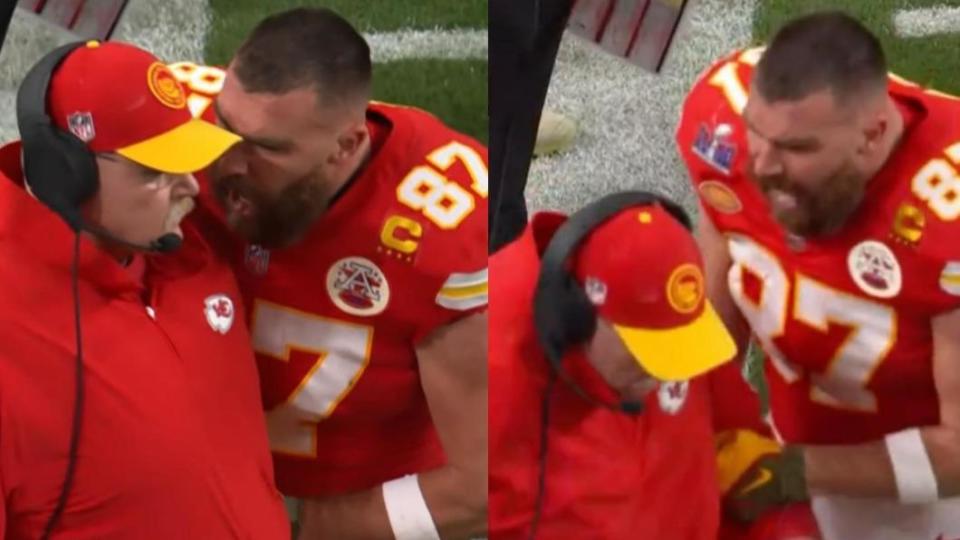 酋長隊65歲總教練安迪（Andy Reid）差點被凱爾斯（Travis Kelce）推到跌倒。（圖／翻攝自 X）