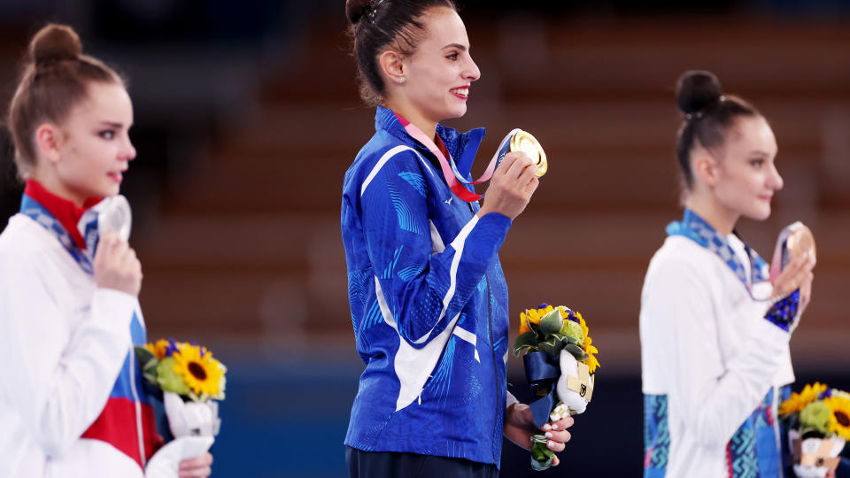 Dina Averina and Linoy Ashram, pictured here after the individual all-around competition.