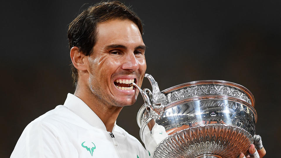 Rafael Nadal is seen here with his 2020 French Open trophy.