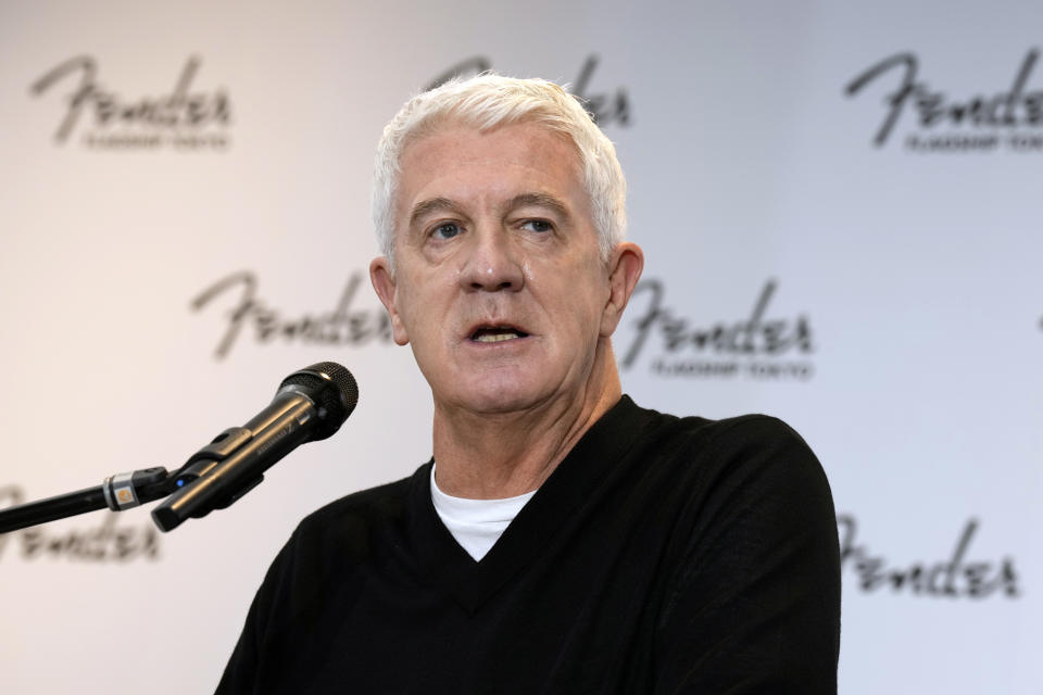 Fender Musical Instruments Corp. Chief Executive Andy Mooney speaks during the opening ceremony of its Tokyo store Thursday, June 29, 2023. Fender, the guitar of choice for some of the world’s biggest stars from Jimi Hendrix to Eric Clapton, is opening what it calls its “first flagship store” in its 77-year history. (AP Photo/Eugene Hoshiko)