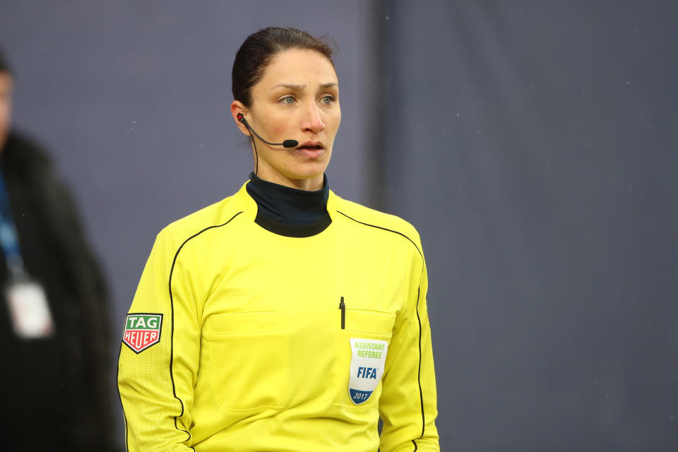 MLS assistant referee Kathryn Nesbitt will become the first woman in league history to work a championship match during Tuesday's MLS is Back Tournament final. (Tim Clayton/Getty Images)