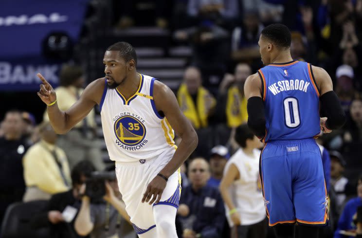 Kevin Durant and Russell Westbrook will meet again on Feb. 11 in Oklahoma City. (AP)