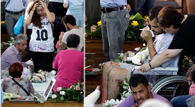 Relatives mourn some of the earthquake victims in Ascoli Piceno. Photos: AP