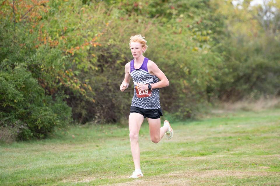 Lakeview runner Aiden Moore races during the All-City Cross Country meet at Riverside Elementary School on Tuesday, Sept. 27, 2022.