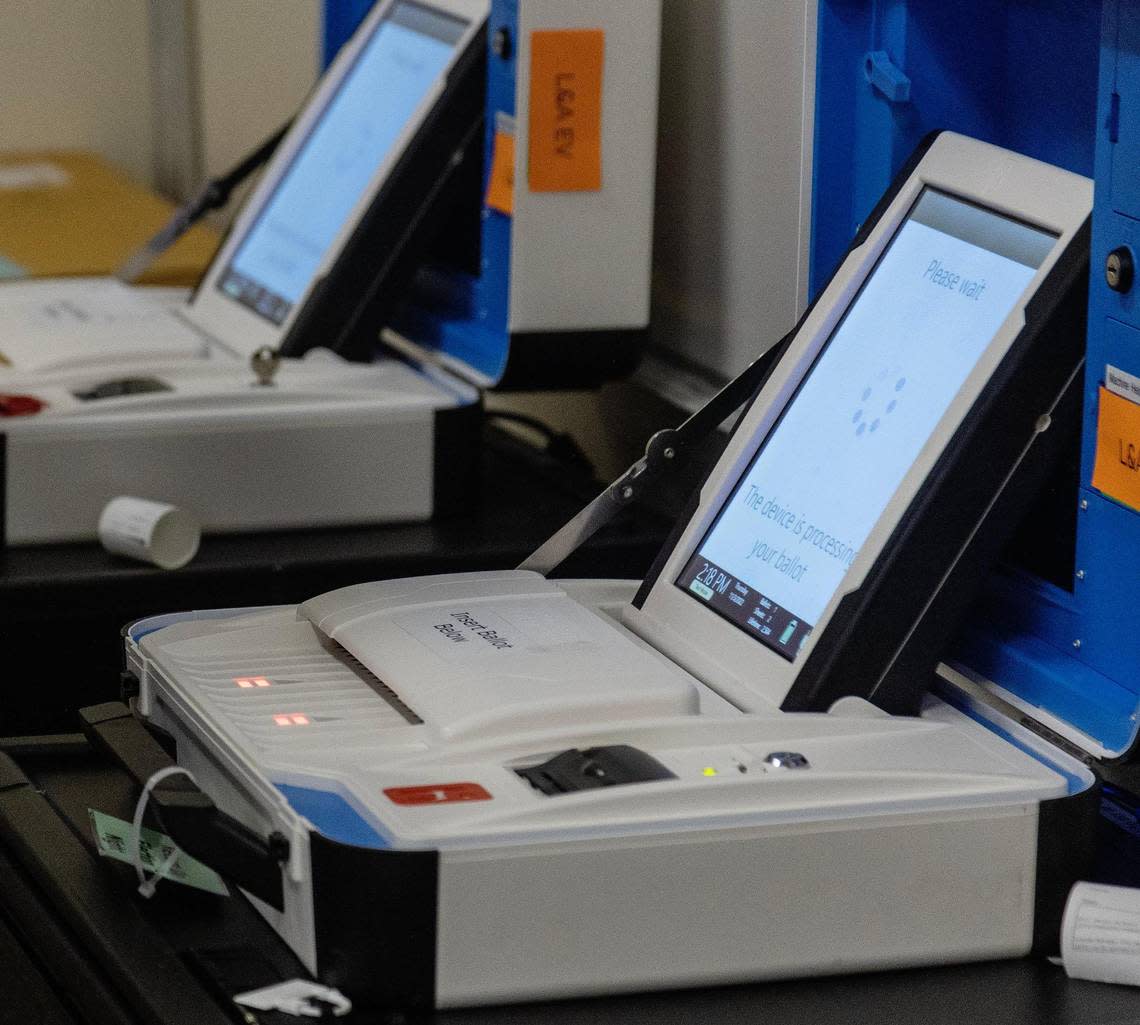 A ballot machine is tested at the Ada County Elections Office in Boise on Nov. 3, 2022.