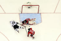 NEWARK, NJ - JUNE 09: Martin Brodeur #30 of the New Jersey Devils makes a save in front of Jarret Stoll #28 of the Los Angeles Kings and Stephen Gionta #11 during Game Five of the 2012 NHL Stanley Cup Final at the Prudential Center on June 9, 2012 in Newark, New Jersey. (Photo by Bruce Bennett/Getty Images)