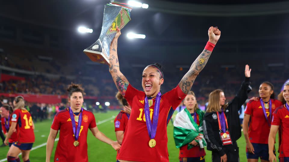 Jenni Hermoso, highlighted in TIME by Mana Shim for her actions after the 2023 Women's World Cup, is pictured after winning the UEFA Women's Nations League earlier this year. - Fran Santiago/UEFA/Getty Images