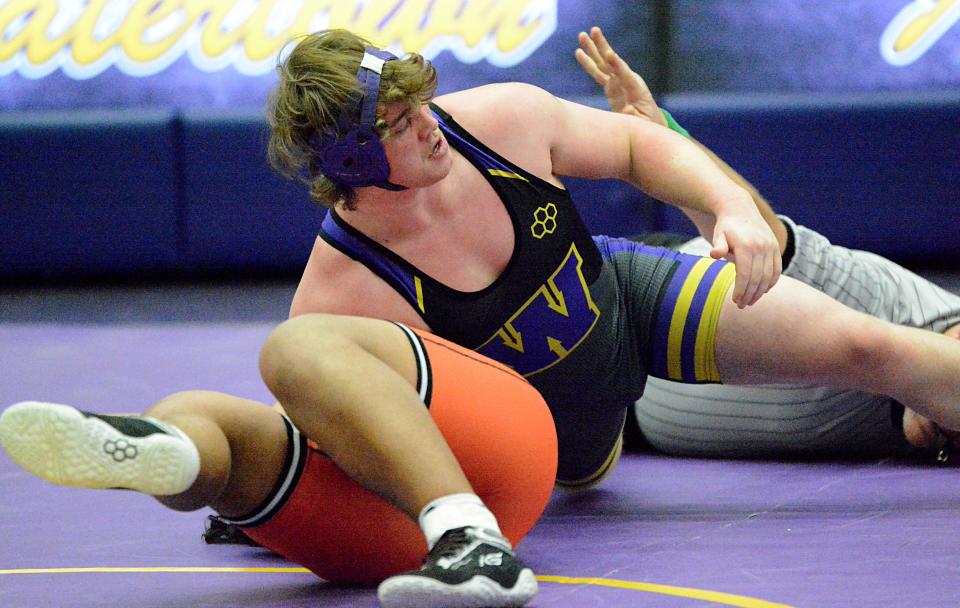 Watertown's Brock Eitreim puts away Huron's Hser Wah at 195 pounds during an Eastern South Dakota Conference boys' wrestling dual on Thursday, Feb. 2, 2023 in the Watertown Civic Arena.