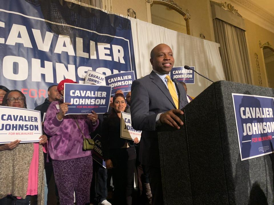 Cavalier Johnson addresses the crowd at his election party at the Hilton Milwaukee City Center Hotel on Tuesday. Johnson defeated former Ald. Bob Donovan in the race for Milwaukee mayor. Johnson becomes the first African American elected as Milwaukee’s mayor.