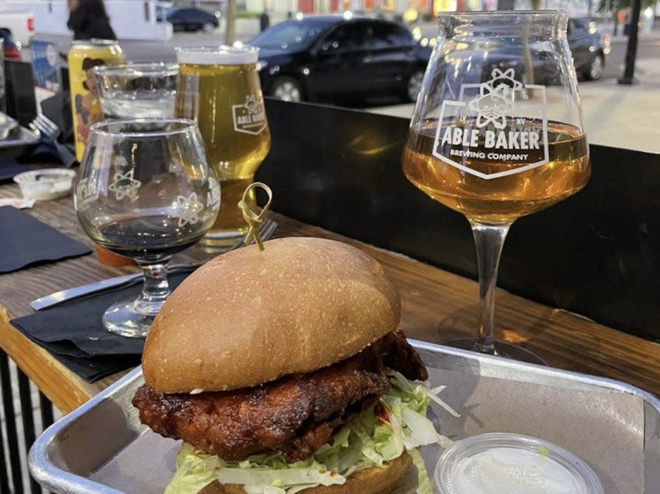 Nashville chicken sandwich from Able Baker Brewing