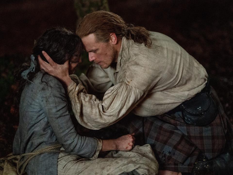 Jamie (Sam Heughan) and Claire (Caitríona Balfe) in "Outlander" season five.