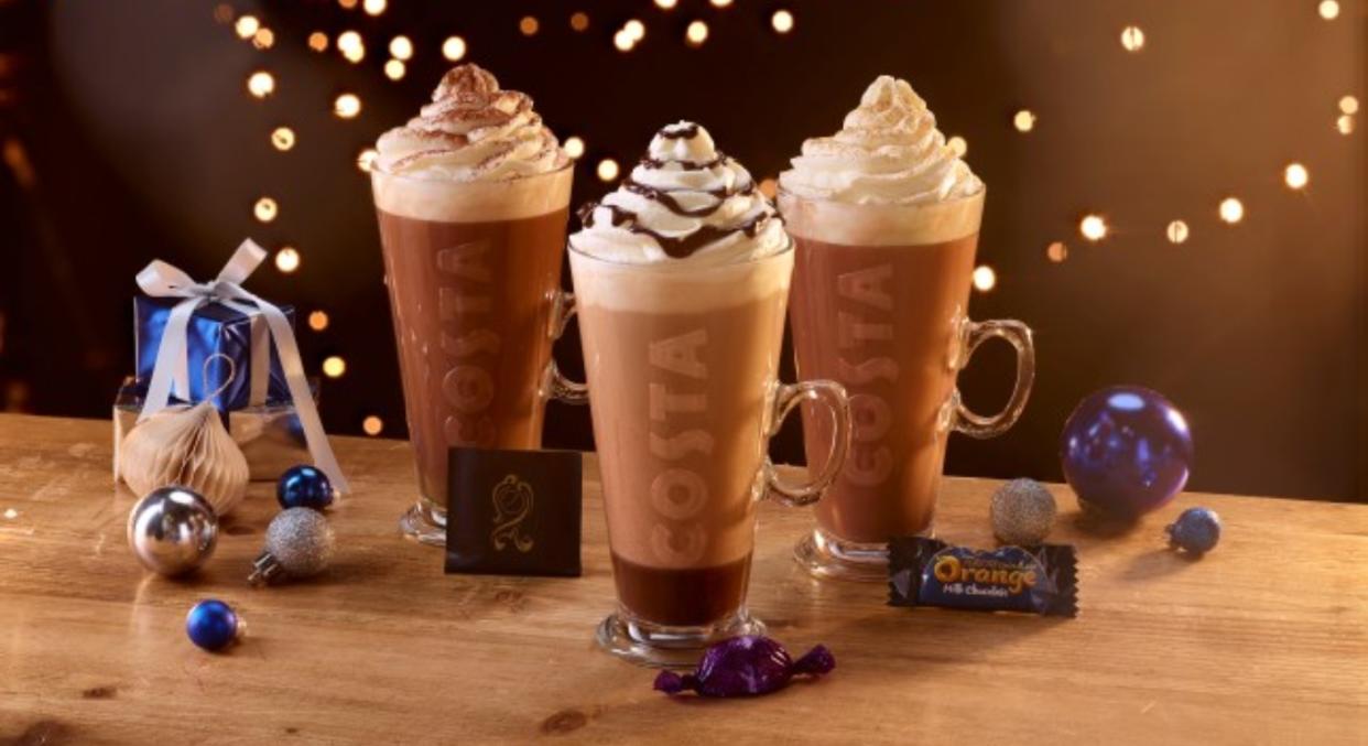 Costa has unveiled its Christmas drink range for 2020 including (L-R) After Eight hot chocolate, Quality Street Purple One latte and a Terry's Chocolate Orange hotel chocolate (Costa)