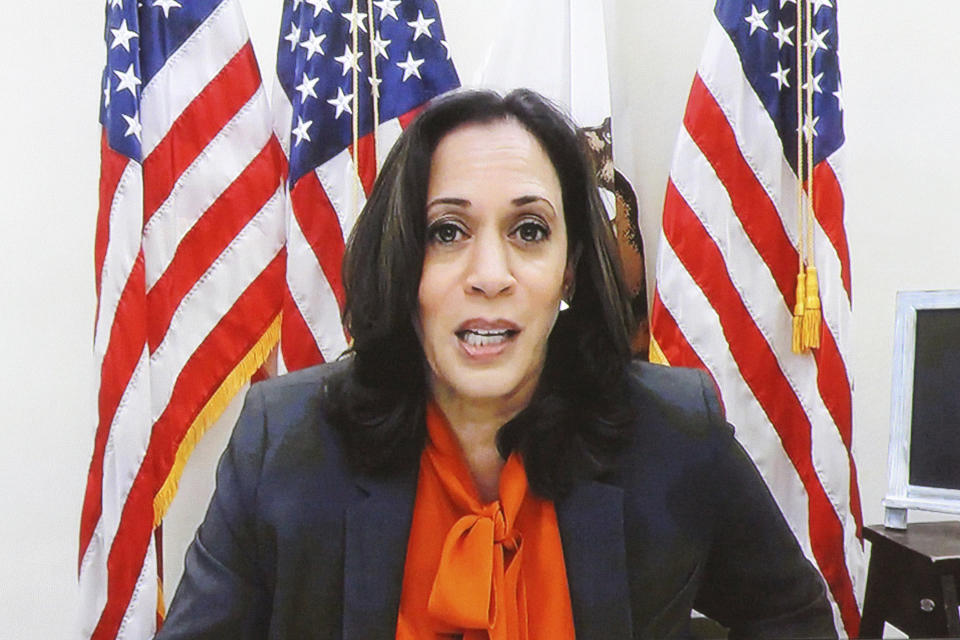 Democratic vice presidential candidate Sen. Kamala Harris, D-Calif., speaks virtually during a confirmation hearing for Supreme Court nominee Amy Coney Barrett before the Senate Judiciary Committee, Tuesday, Oct. 13, 2020, on Capitol Hill in Washington. (Bonnie Cash/Pool via AP)