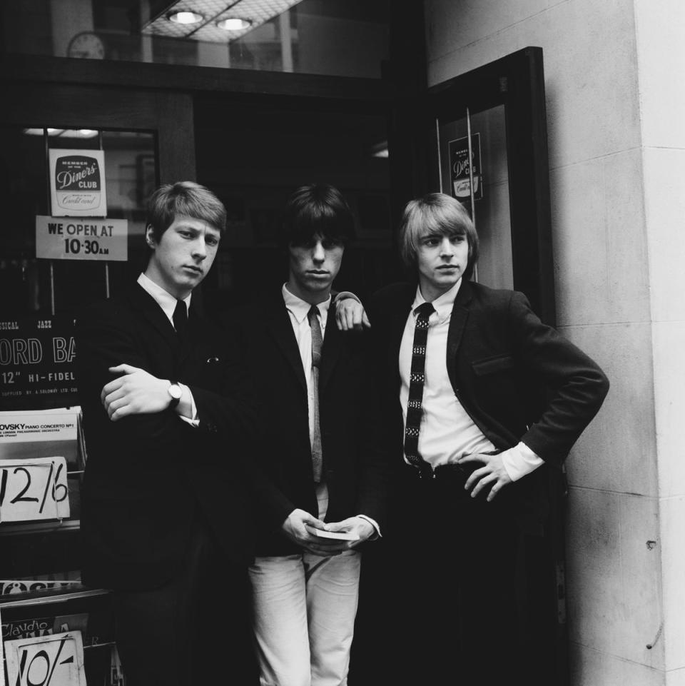 Chris Dreja, guitarist Jeff Beck, and singer Keith Relf (1943 - 1976) of The Yardbirds, outside a music shop in London, 1965 (Getty Images)