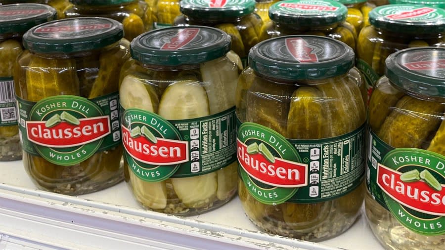 Jars of Claussen pickles sit on a refrigerated shelf at a supermarket in Massachusetts. (Michael Bartiromo/Nexstar)