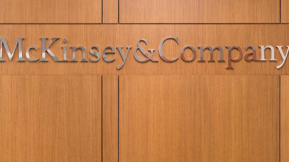 Istanbul, Turkey - November 2017: Mckinsey and Company logo at the front desk reception of Istanbul office.