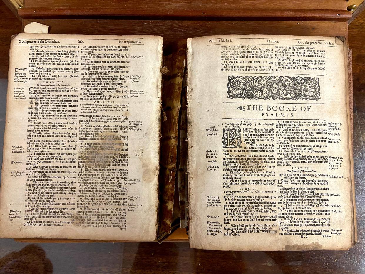 The "Great He Bible," shown in this photo, will be on displayed in an exhibit at the Mabee-Gerrer Museum of Art in Shawnee.