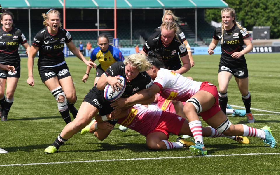 Marlie Packer of Saracens Women scores her teams second try of the match during the Allianz Premier 15s Semi Final match between Saracens Women and Harlequins Women at StoneX Stadium on May 22, 2022 in Barnet, England - GETTY IMAGES