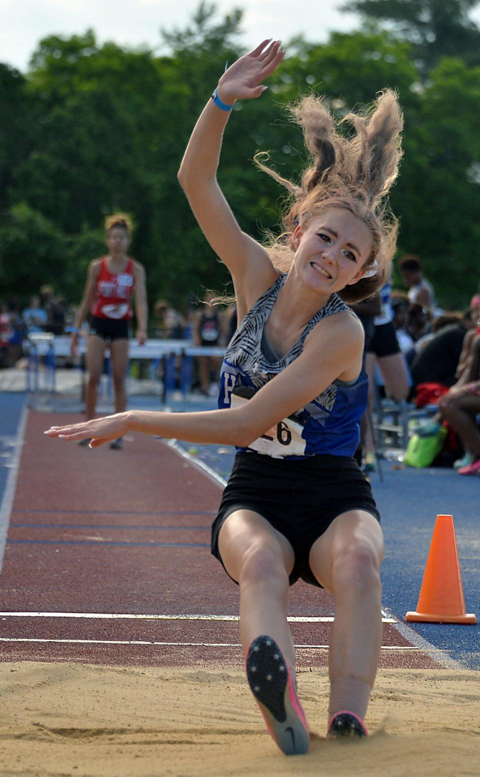 Hancock's Aidan Faith competes in the Class 1A girls long jump during the Maryland State Track & Field Championships at the Prince George's Sports & Learning Complex in Landover, Md., Saturday.