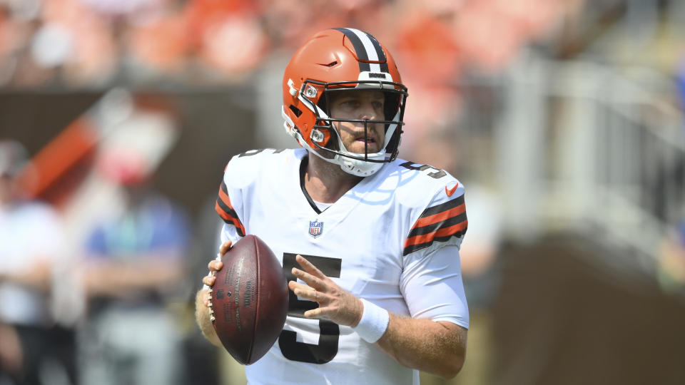 Cleveland Browns quarterback Case Keenum (5) looks to pass during an NFL preseason football game against the New York Giants, Sunday, Aug. 22, 2021, in Cleveland. The Browns won 17-13. (AP Photo/David Richard)