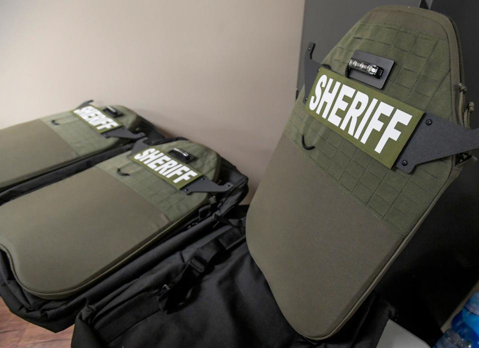 Lightweight tactical shileds are displayed as Autauga County Sheriff Mark Harrell announces the addition of AED decices, trauma kits as well as tactical shields to sheriff vehicles and schools during a news conference in Prattville, Ala., on Thursday August 31, 2023.