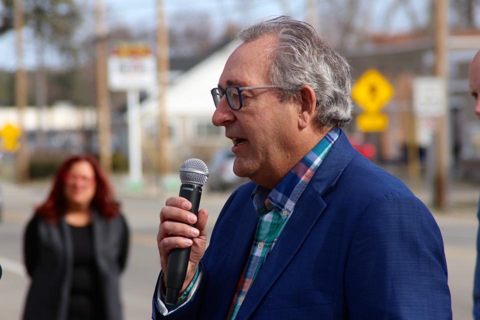 Michigan Sen. Roger Victory. R-Hudsonville, speaks with the media and supporters of restaurant owner Marlena Pavlos-Hackney during a news conference, Monday, March 22. Victory and other state Republican legislators organized the news conference to address the closure of Pavlos-Hackney's restaurant and her detainment for violating a court order.