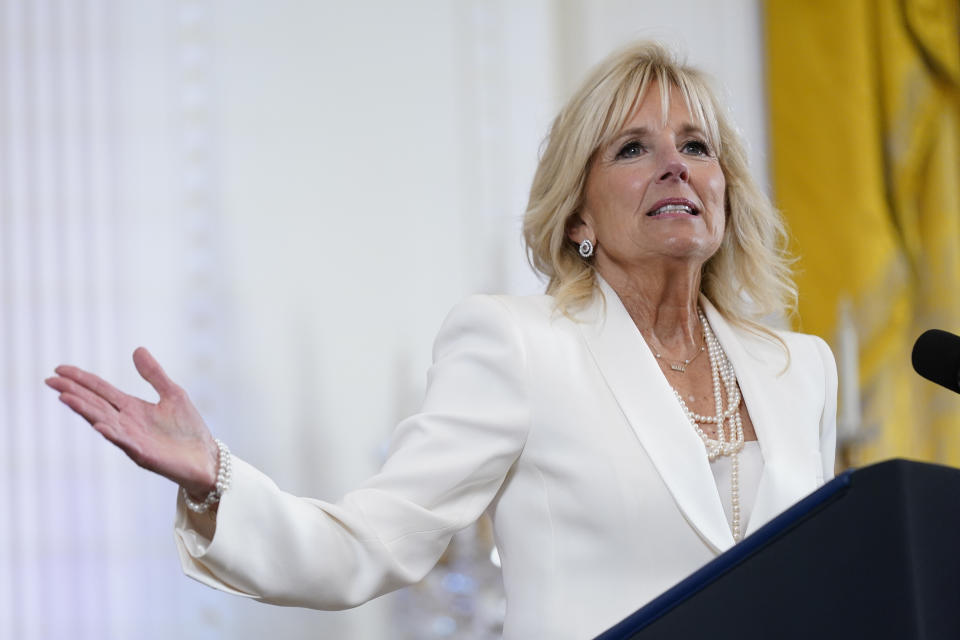 FILE - First lady Jill Biden speaks at an event to celebrate Pride Month in the East Room of the White House, June 15, 2022, in Washington. (AP Photo/Patrick Semansky, File)