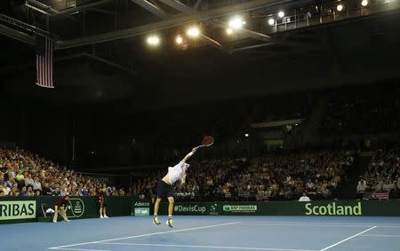 Tennis - Great Britain v United States of America - Davis Cup World Group First Round - Emirates Arena, Glasgow, Scotland - 6/3/15 USA's John Isner in action Action Images via Reuters / Andrew Boyers Livepic