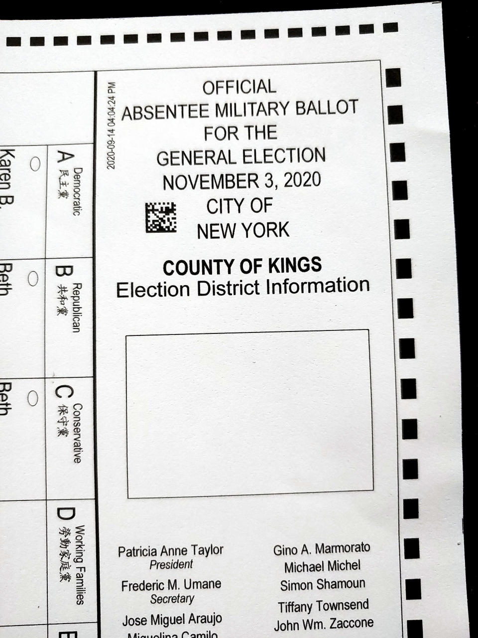 FILE - This Tuesday, Sept. 29, 2020, file photo, shows a section of an absentee ballot marked "Absentee Military Ballot," that was mailed to a registered voter in in the Brooklyn borough of New York. Several high-profile cases of voters getting incorrect blank absentee ballots in the mail are raising questions about how often such mix-ups occur and whether they could impact this U.S. presidential election with its record levels of mail-in balloting. (AP Photo/File)