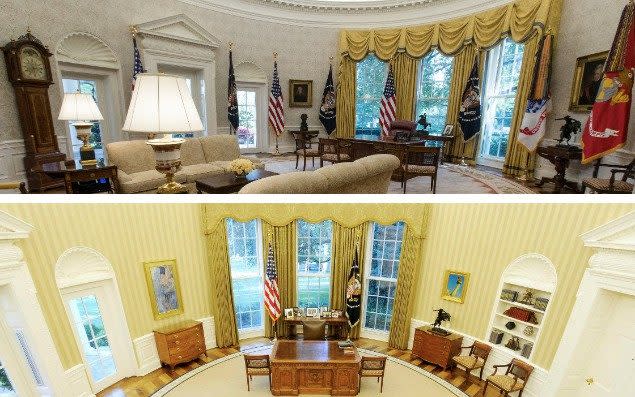 Donald Trump's Oval Office, top, and Barack Obama's