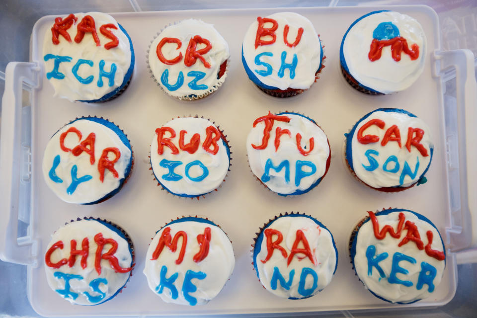 Homemade cupcakes decorated with the names of the candidates are seen ahead of the Republican presidential debate at the Ronald Reagan Presidential Library in Simi Valley, California, on&nbsp;Sept. 16, 2015. The main debate of the top 11 GOP contenders in the polls follows the "kids' table" debate of candidates who didn't make the cut.