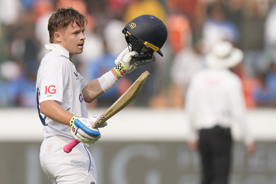 England's Ollie Pope celebrates his hundred runs on the third day of the first cricket test match between England and India in Hyderabad, India, Saturday, Jan. 27, 2024. (AP Photo/Mahesh Kumar A.)