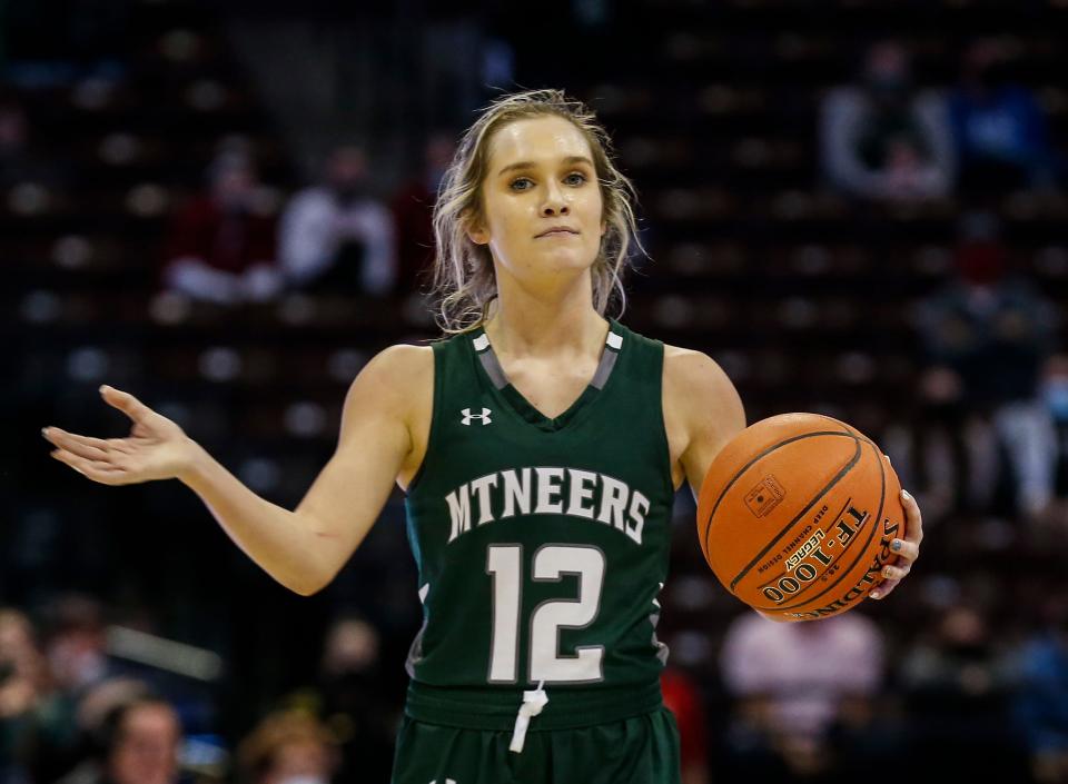 Lacy Stokes, of Mt. Vernon, reacts after being fouled during the Mountaineers 78-55 win over Vashon in the class 4 state semifinal basketball game at JQH Arena on Friday, March 19, 2021. 