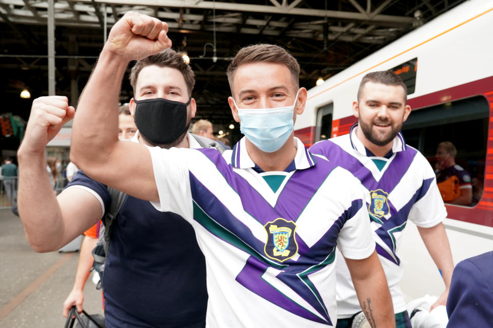 Scotland fans at Edinburgh Waverley railway station as they prepare to travel to London ahead of the UEFA Euro 2020 match between England and Scotland at Wembley Stadium. Issue date: Friday June 18, 2021. (Photo by Jane Barlow/PA Images via Getty Images)