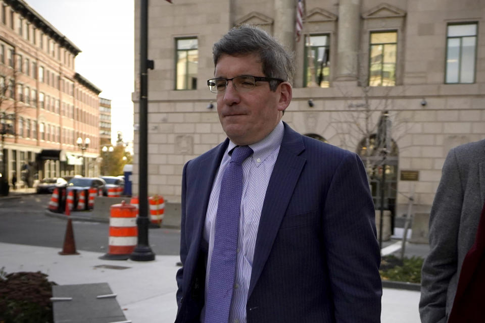 Joshua Levy, acting U.S. attorney for Massachusetts, departs federal court Monday, Nov. 13, 2023, in Worcester, Mass. Junmyung Lee and Han Lee, accused of operating a commercial sex ring with wealthy and prominent clients in Massachusetts and Washington, D.C., appeared in court Monday. But a hearing on whether they should remain behind bars while they await trial was delayed until next week. (AP Photo/Steven Senne)