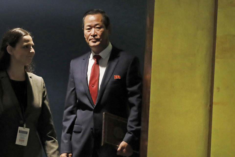 Kim Song, Chair of Delegation of North Korea, arrives to address the 74th session of the United Nations General Assembly, Monday, Sept. 30, 2019. (AP Photo/Richard Drew)