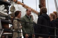 The Duke and Duchess of Cambridge sail aboard the Pacific Grace tall ship with members of the Sail and Life Training society before docking at Ship Point at the inner harbour in Victoria, B.C., Saturday, October 1, 2016. THE CANADIAN PRESS/Chad Hipolito